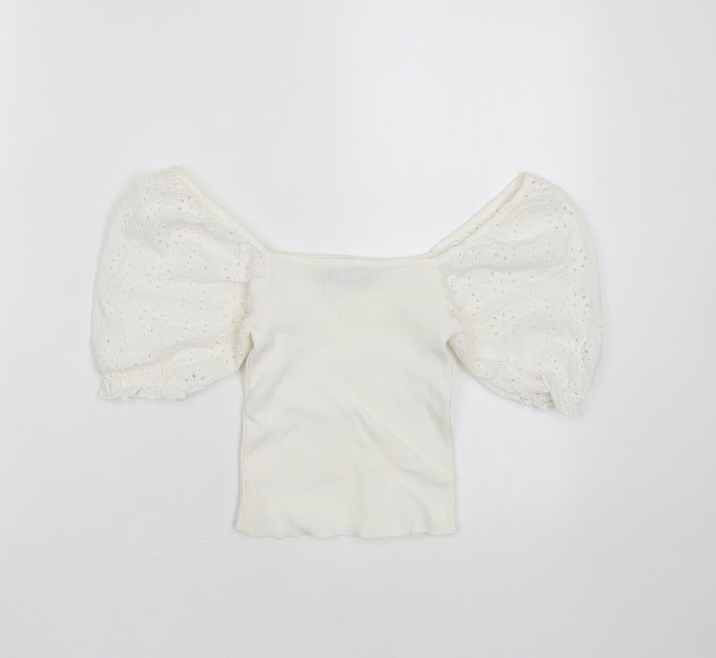 Bershka Womens White  Polyester Blend Basic T-Shirt Size XS Square Neck - broderie sleeves