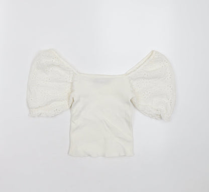 Bershka Womens White  Polyester Blend Basic T-Shirt Size XS Square Neck - broderie sleeves