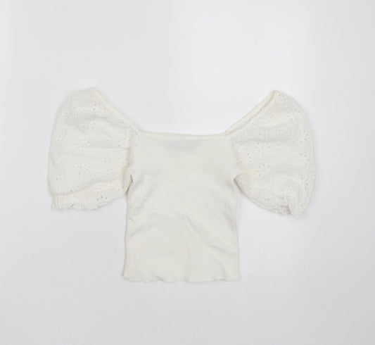 Bershka Womens White  Polyester Blend Basic T-Shirt Size XS Square Neck - broderie sleeves