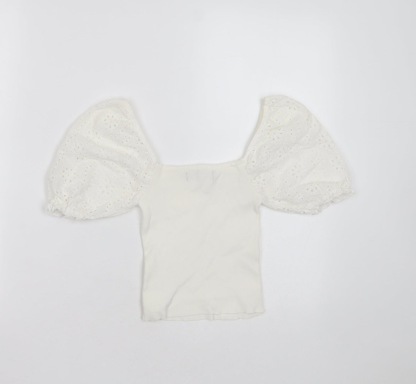 Bershka Womens White  Polyester Blend Basic T-Shirt Size XS Square Neck - broderie sleeves