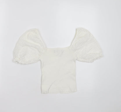 Bershka Womens White  Polyester Blend Basic T-Shirt Size XS Square Neck - broderie sleeves