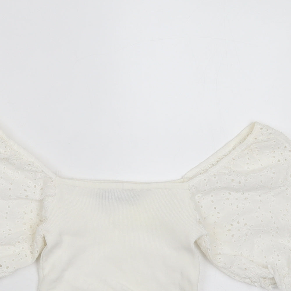 Bershka Womens White  Polyester Blend Basic T-Shirt Size XS Square Neck - broderie sleeves