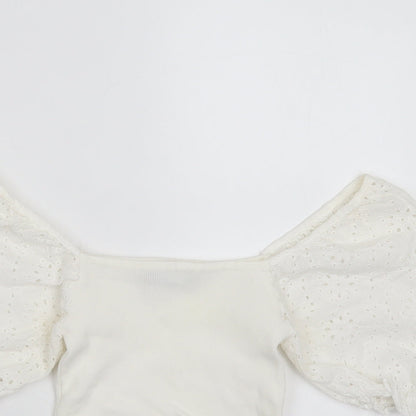 Bershka Womens White  Polyester Blend Basic T-Shirt Size XS Square Neck - broderie sleeves