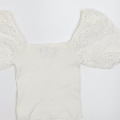 Bershka Womens White  Polyester Blend Basic T-Shirt Size XS Square Neck - broderie sleeves