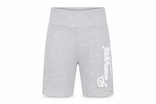 Front view of Pineapple dance studios women’s grey polyester biker shorts, size XS, 7-inch leg extra-slim