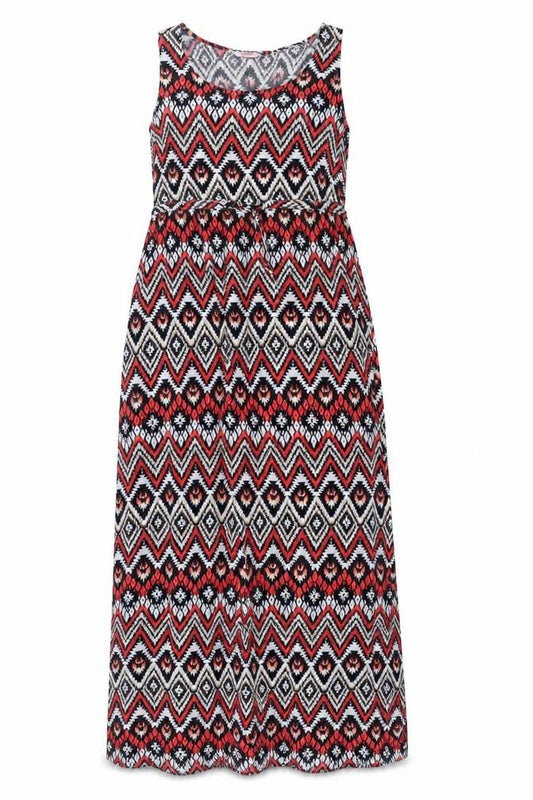 Front view of LC Waikiki women’s red geometric viscose maxi, size UK 38, round neck