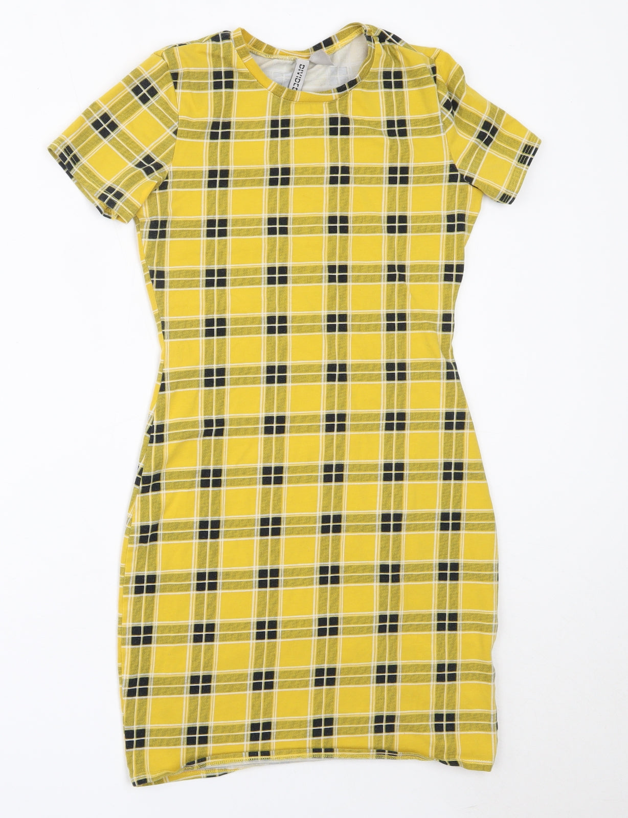 H&M Womens Yellow Check Cotton Bodycon  Size XS  Round Neck