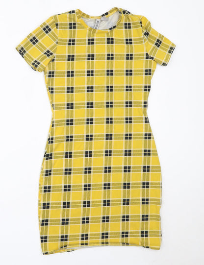 H&M Womens Yellow Check Cotton Bodycon  Size XS  Round Neck