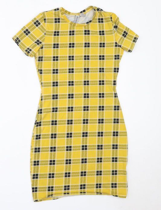 H&M Womens Yellow Check Cotton Bodycon  Size XS  Round Neck