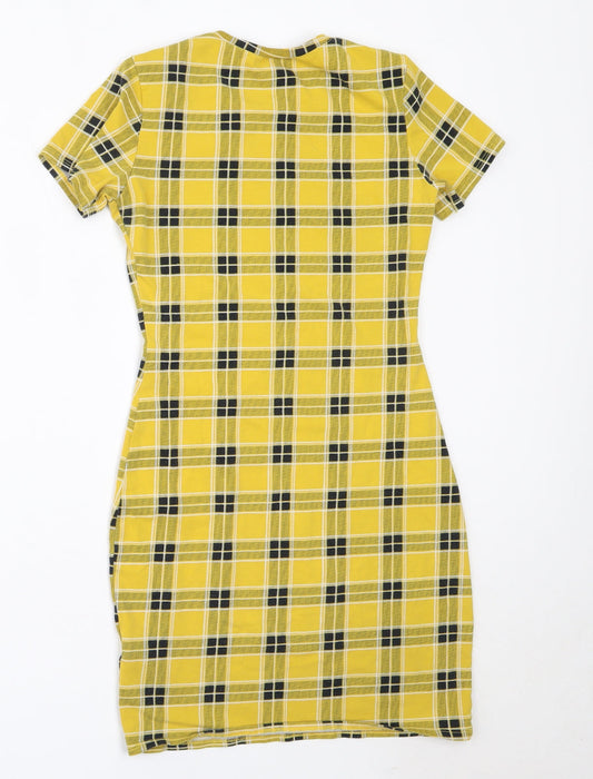 H&M Womens Yellow Check Cotton Bodycon  Size XS  Round Neck