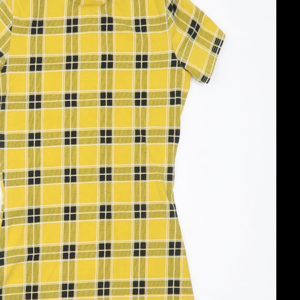 H&M Womens Yellow Check Cotton Bodycon  Size XS  Round Neck
