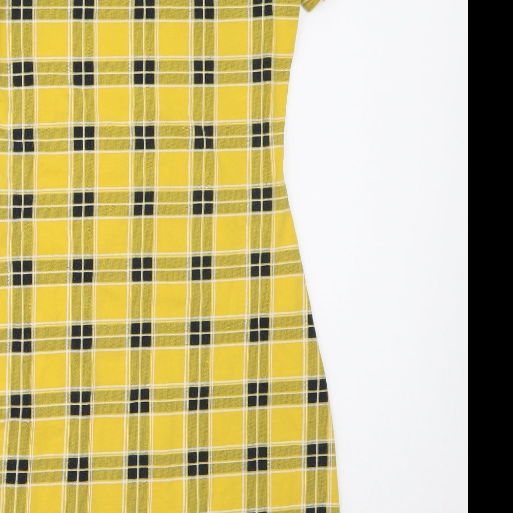 H&M Womens Yellow Check Cotton Bodycon  Size XS  Round Neck