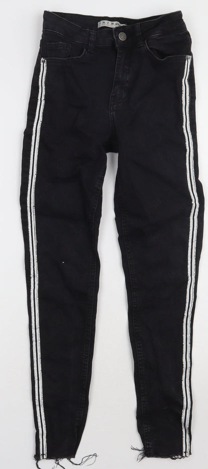 Primark Womens Black Striped Cotton Skinny Jeans Size 6 L27 in Regular Button