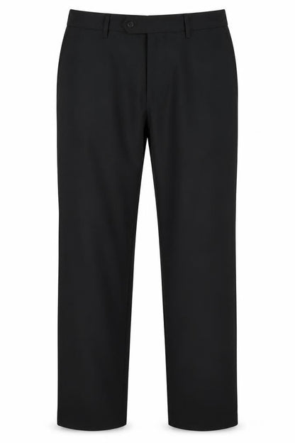 Front view of ONESIX5IVE men’s black polyester trousers, size 32, 31-inch leg regular button