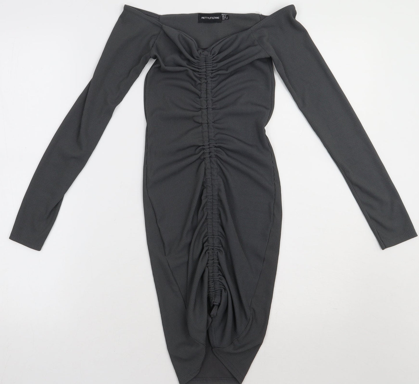 PRETTYLITTLETHING Womens Grey  Polyester Bodycon  Size 6  Off the Shoulder Pullover - ribbed fabric