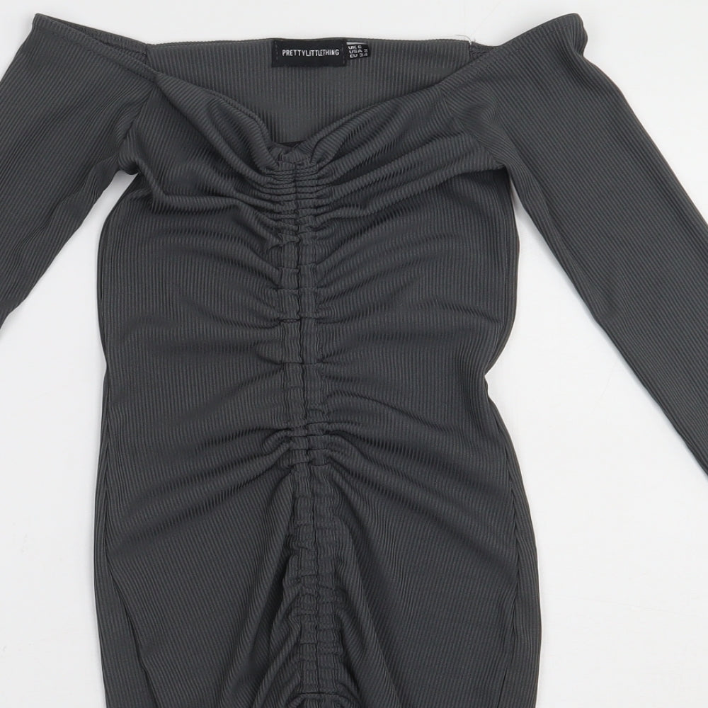 PRETTYLITTLETHING Womens Grey  Polyester Bodycon  Size 6  Off the Shoulder Pullover - ribbed fabric