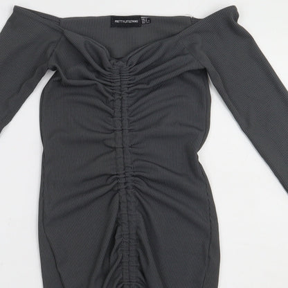 PRETTYLITTLETHING Womens Grey  Polyester Bodycon  Size 6  Off the Shoulder Pullover - ribbed fabric