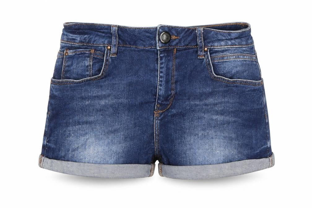 Front view of Preworn women’s blue cotton hot pants shorts, size UK 30, in regular button