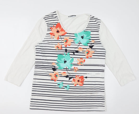 DASH Womens White Floral Cotton Basic T-Shirt Size 12 Scoop Neck