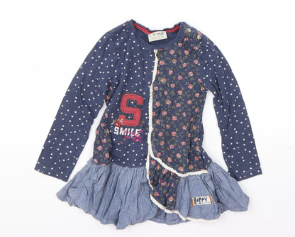 NEXT Girls Blue Geometric Cotton T-Shirt Dress  Size 18-24 Months  Round Neck Pullover - Smile