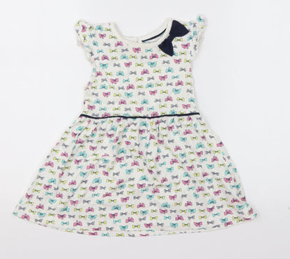 Young Dimension Girls White Geometric Cotton T-Shirt Dress  Size 18-24 Months  Roll Neck Pullover