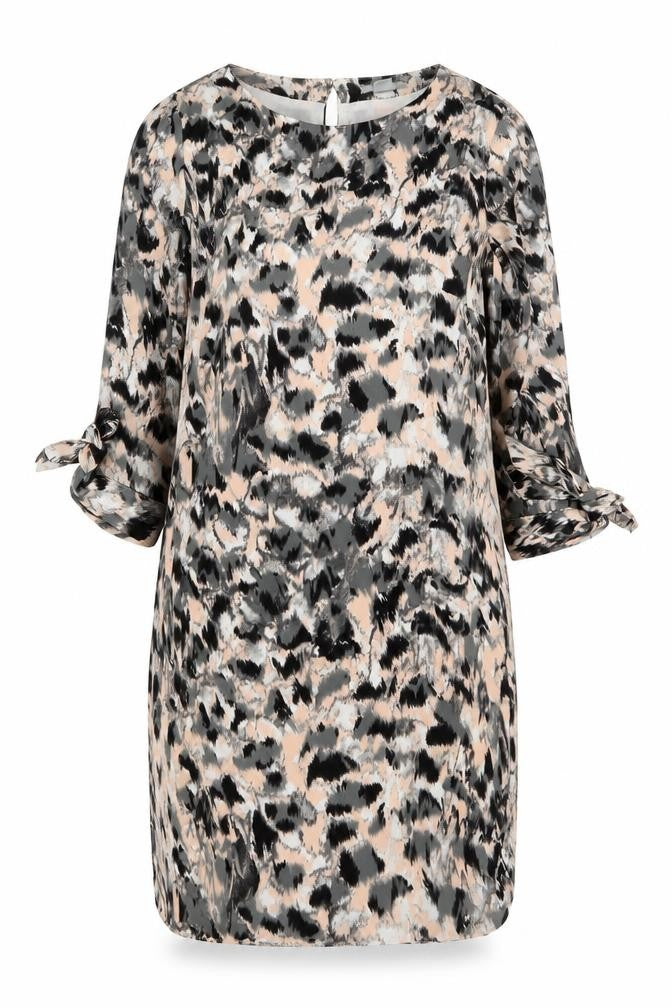 Front view of H&M women’s grey geometric polyester t-shirt dress, size UK 8, round neck pullover