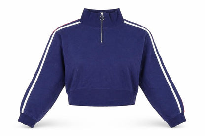 Front view of Divided by H&M women’s blue striped cotton pullover sweatshirt, size S, pullover