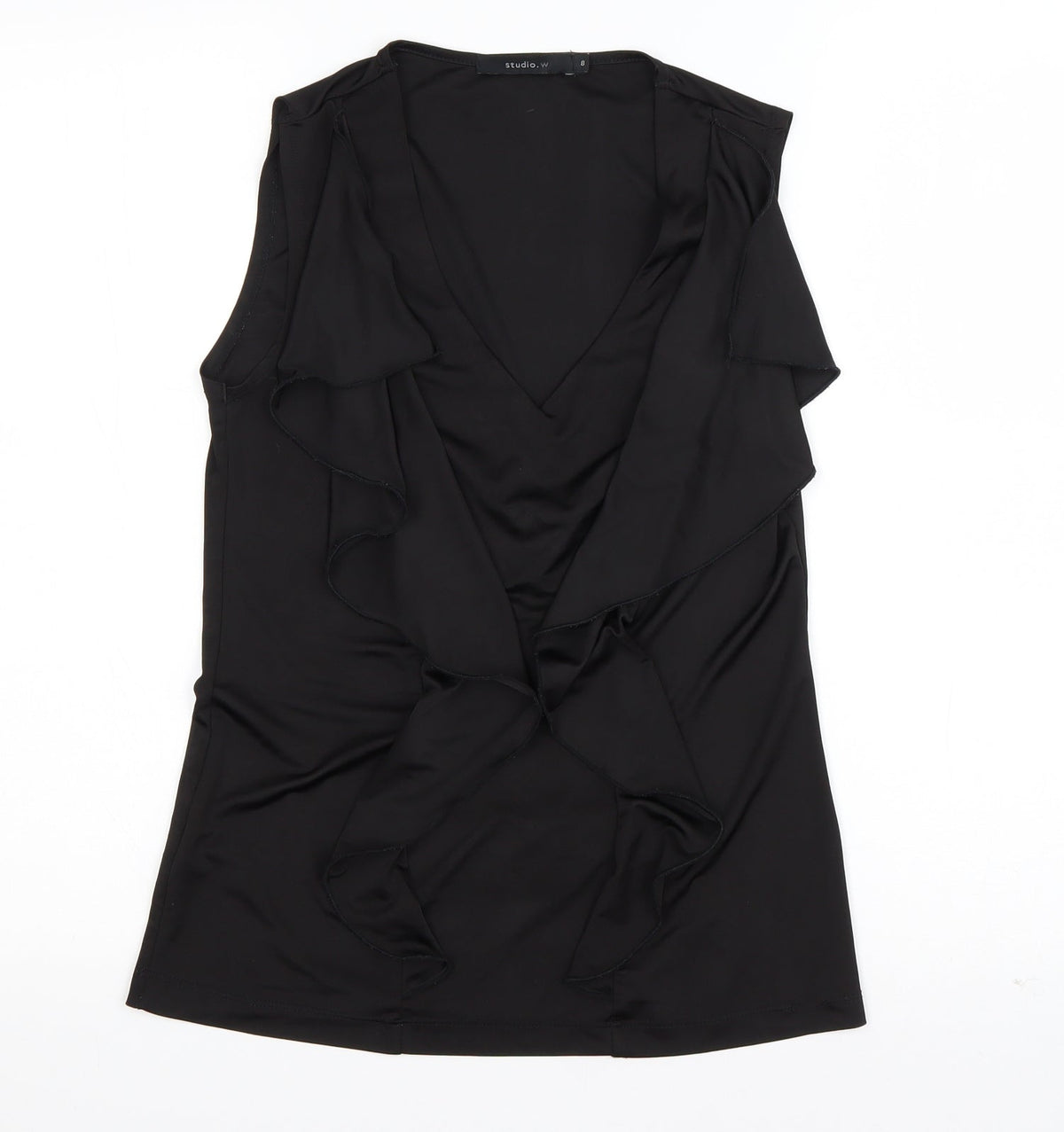 Additional front view of Studio.W women’s black polyester basic tank, size UK 8, round neck - ruffled