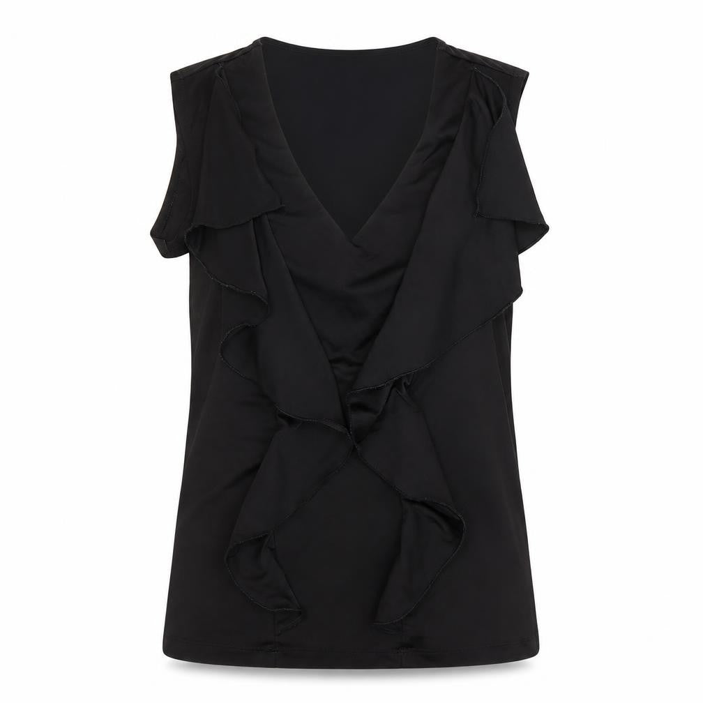 Front view of Studio.W women’s black polyester basic tank, size UK 8, round neck - ruffled