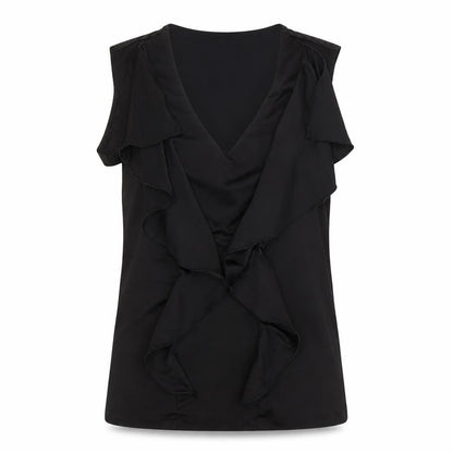 Front view of Studio.W women’s black polyester basic tank, size UK 8, round neck - ruffled