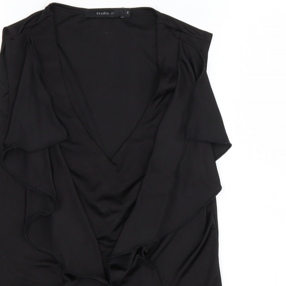 Close-up detail of Studio.W women’s black polyester basic tank, size UK 8, round neck - ruffled