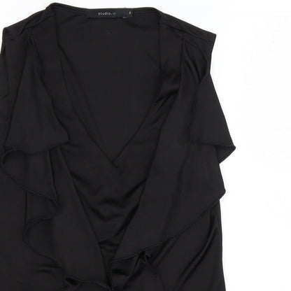 Close-up detail of Studio.W women’s black polyester basic tank, size UK 8, round neck - ruffled