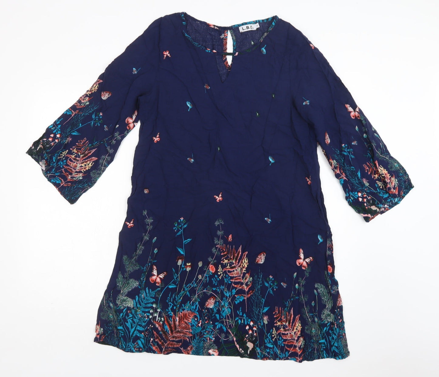 L.B.C. Womens Blue Floral Viscose A-Line  Size M  Round Neck Button