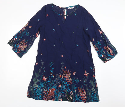 L.B.C. Womens Blue Floral Viscose A-Line  Size M  Round Neck Button