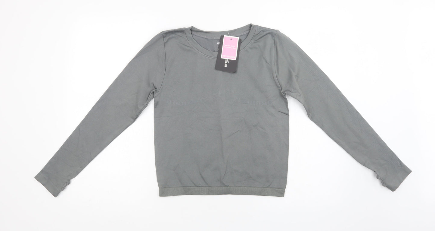 PRETTYLITTLETHING Womens Grey Striped Polyamide Cropped T-Shirt Size L Crew Neck