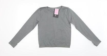 PRETTYLITTLETHING Womens Grey Striped Polyamide Cropped T-Shirt Size L Crew Neck