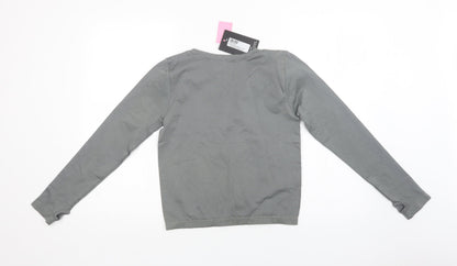 PRETTYLITTLETHING Womens Grey Striped Polyamide Cropped T-Shirt Size L Crew Neck