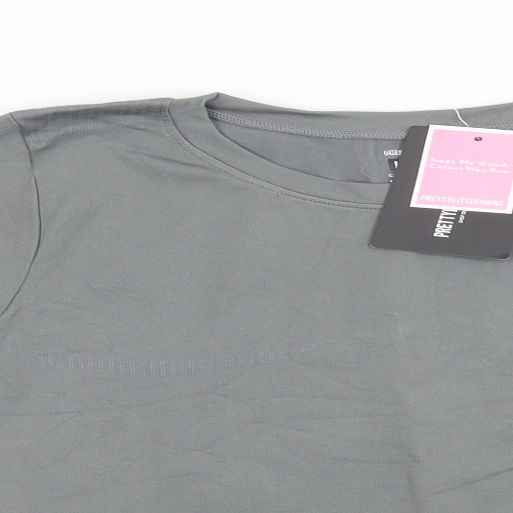 PRETTYLITTLETHING Womens Grey Striped Polyamide Cropped T-Shirt Size L Crew Neck