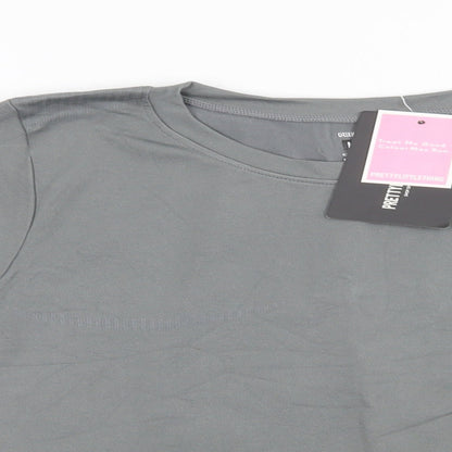 PRETTYLITTLETHING Womens Grey Striped Polyamide Cropped T-Shirt Size L Crew Neck