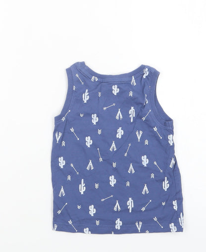 F&F Boys Blue Geometric Cotton Basic Tank Size 2-3 Years Crew Neck