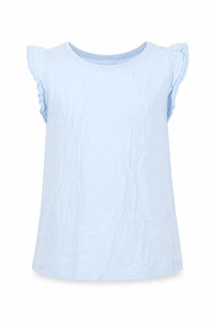 Front view of Next girls’ blue cotton basic tank, size 6-7, years off the shoulder pullover