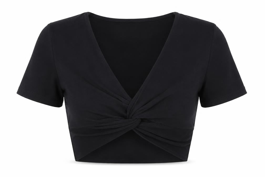 Front view of PRETTYLITTLETHING women’s black polyester cropped t-shirt, size UK 6, v-neck