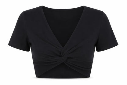 Front view of PRETTYLITTLETHING women’s black polyester cropped t-shirt, size UK 6, v-neck