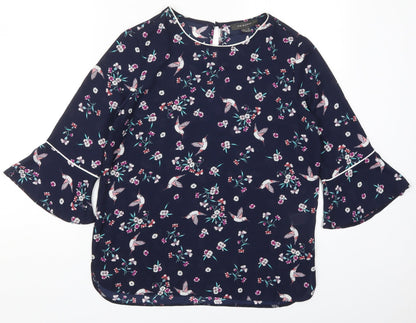 Primark Womens Black Floral Polyester Basic Blouse Size 8 Round Neck - Birds