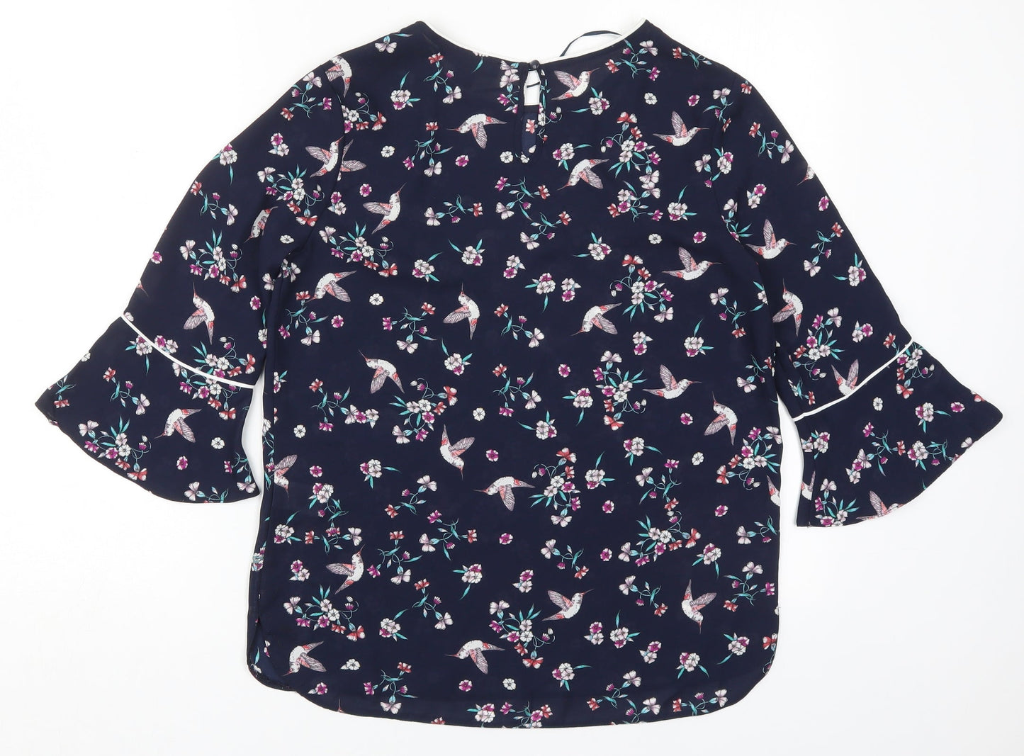 Primark Womens Black Floral Polyester Basic Blouse Size 8 Round Neck - Birds
