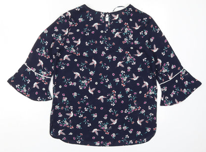 Primark Womens Black Floral Polyester Basic Blouse Size 8 Round Neck - Birds