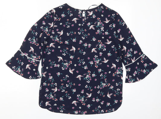 Primark Womens Black Floral Polyester Basic Blouse Size 8 Round Neck - Birds