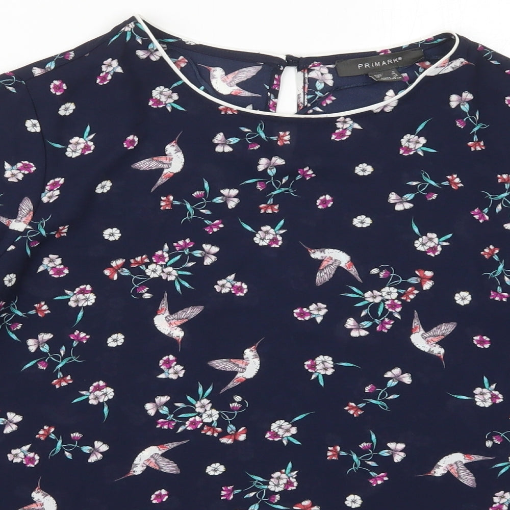 Primark Womens Black Floral Polyester Basic Blouse Size 8 Round Neck - Birds