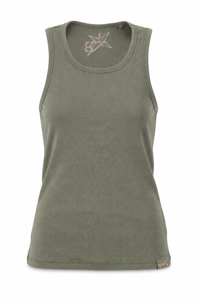 Front view of Soviet Jeans women’s green cotton basic tank, size L, round neck
