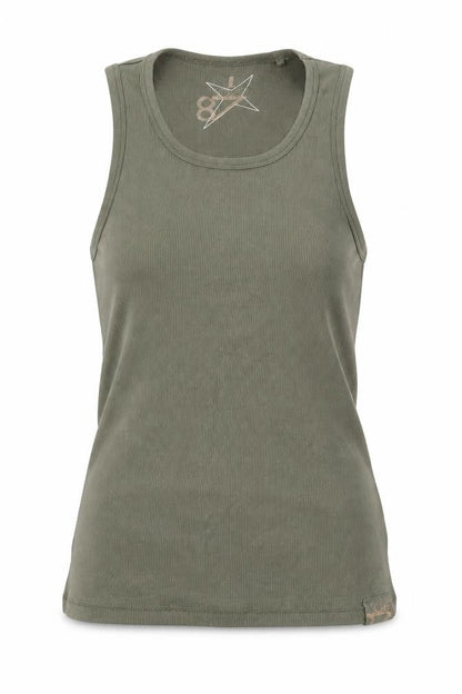 Front view of Soviet Jeans women’s green cotton basic tank, size L, round neck